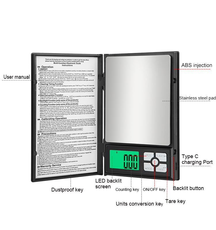 Digital Notebook Disguise Jewelry Scale 500g/0.01g, 600g/0.01g, 1000g/0.1g, 2000g/0.1g, 3000g/0.1g(图4)